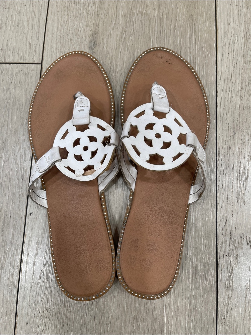 White Cutout Leather Thong Sandals - Women's